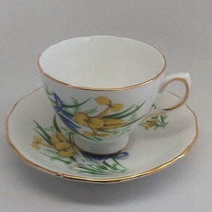 May include: A white teacup and saucer with a gold rim and a floral pattern featuring yellow and blue flowers. The flowers are stylized and have a green stem and leaves.