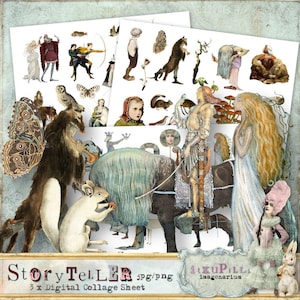 Story Teller Bundle - 3 x Digital Collage Sheet - jpg and png - Printable, instant download
