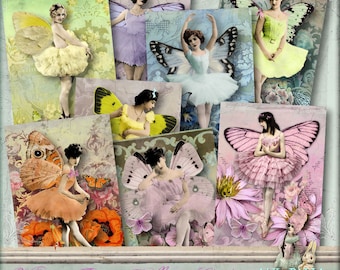 Vintage Fairy Ballerina  - ATC card - gift tags  - Digital Collage Sheet - jpg and png - Printable, instant download