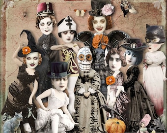 Paper Dolls Halloween - Bundle 3 x Digital Collage Sheet - jpg and png - Printable, instant download