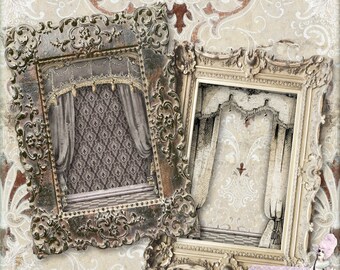 May include: Two ornate picture frames with a distressed, antique look. The frames are decorated with intricate carvings and have a dark brown and gold color scheme. The frames are empty, but they have a vintage feel.