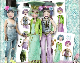 Free Spirit Paper Dolls - Bundle 2 x Digital Collage Sheet - jpg and png - Printable, instant download