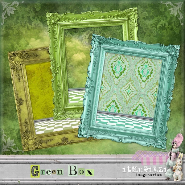 Green Box - Lime, Mint, Olive - Frames Rooms Stages Shadowboxes - 6 x Digital Collage Sheet jpg png - Printable, Instant download