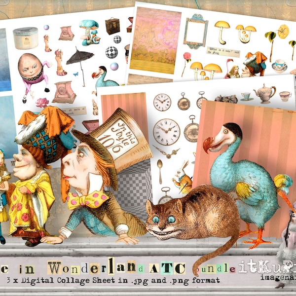 Alice in Wonderland ATC  Bundle - 4 x Digital Collage Sheet + extra people - jpg and png - Printable, instant download