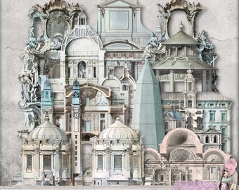 Illustrated Buildings  - 15 individual png files  - Printable, instant download