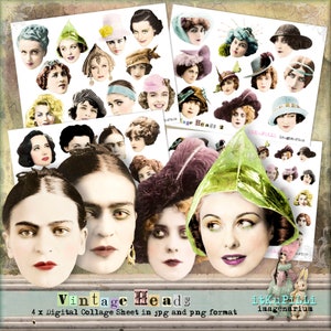 Vintage Heads Women - 4 x Digital Collage Sheet - jpg and png - Printable, instant download