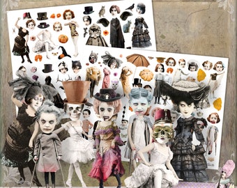 Minimuñecas de papel de Halloween - 2 hojas de collage digital - jpg y png - Imprimibles, descarga instantánea