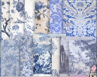 Floral Damask Toile Blue Journal Papers - 8.5" x 11" - Shabby, Distressed - Scrapbooking, Art Journaling - Printable, instant download