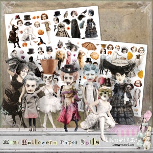 Halloween Paper Dolls Mini - 2 x Digital Collage Sheet - jpg and png - Printable, instant download