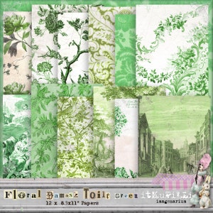 May include: A set of 12 digital papers featuring green floral damask patterns, toile designs, and a vintage city scene. The papers are 12 x 8.5 inches and are perfect for scrapbooking, card making, and other crafting projects.