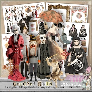 May include: A digital collage sheet with a vintage aesthetic featuring a nutcracker, a doll, a cat, and other whimsical characters. The sheet is perfect for scrapbooking, card making, and other creative projects.