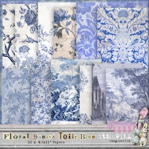 Puede incluir: Un conjunto de 12 papeles digitales en azul y blanco con motivos florales, toile y damasco. Los papeles miden 21,6 x 27,9 cm y son perfectos para scrapbooking, creación de tarjetas y otros proyectos de manualidades.