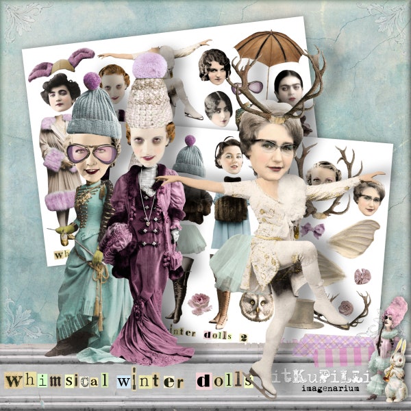 Whimsical Winter Dolls - Bundle 2 x Digital Collage Sheet - jpg and png - Printable, instant download