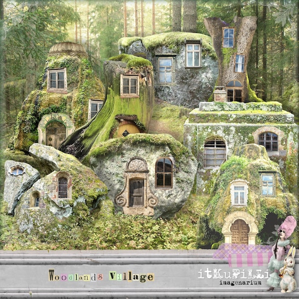 Woodlands Village  -  fairy houses  - 8 individual large png files - Printable, instant download