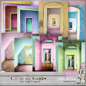 Colorful Rooms Large  - Shabby Distressed Interior -  Backgrounds - Digital Collage Sheet - Printable, instant download