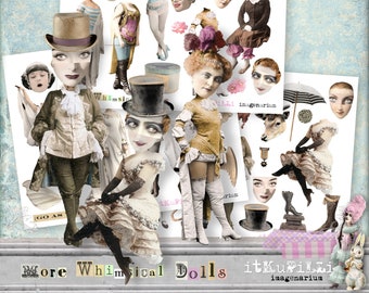 More Whimsical Dolls - Bundle 3 x Digital Collage Sheet - jpg and png - Printable, instant download