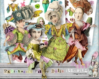 Extravagant Paper Dolls - Bundle 3 x Digital Collage Sheet - jpg and png - Printable, instant download