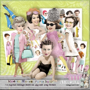Modern Women Paper Dolls - Retro - Bundle 3 x Digital Collage Sheet - jpg and png - Printable, instant download