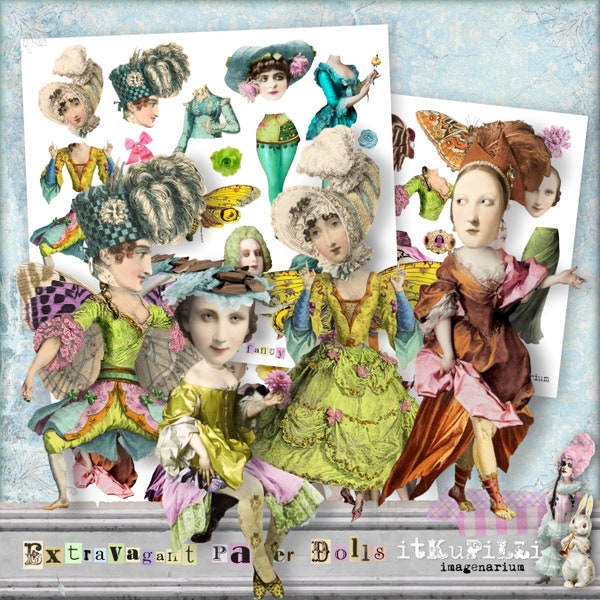 Extravagant Paper Dolls - Bundle 3 x Digital Collage Sheet - jpg and png - Printable, instant download