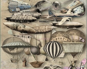 Up In The Air  - 20 individual 7" png files  -  HotAirBalloons, Dirigibles, Air/Space Ships - Printable, instant download