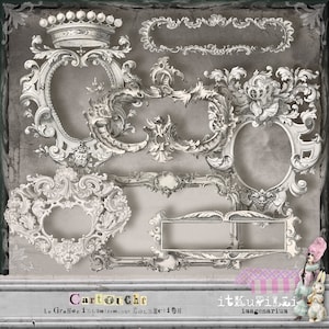 May include: A collection of ornate, white, decorative frames with intricate scrollwork and floral designs. The frames are set against a grey background with a subtle texture. The text "Cartouche Le Grande Illustrations Collection" and "itKupili imaginarium" is visible at the bottom of the image.