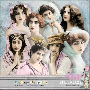 Vintage Schönheiten - 8 Vintage Frauen 6 Zoll große einzelne Png-Dateien - plus digitale Collage Blätter - druckbar, sofortiger Download