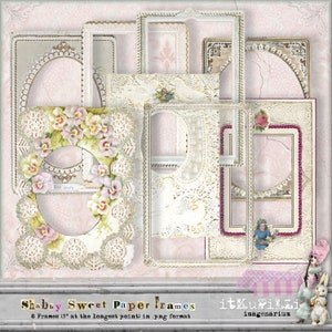 Puede incluir: Ocho marcos de papel de estilo vintage con diseños de encaje y flores. Los marcos están en un esquema de color rosa claro y blanco. Los marcos tienen 9 pulgadas en el punto más largo y están en formato PNG.