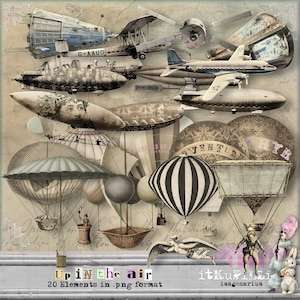 May include: A collection of 20 vintage-style airship and hot air balloon illustrations in a collage. The illustrations are in shades of brown, white, and black, with some featuring text like "Adventure" and "Norge".