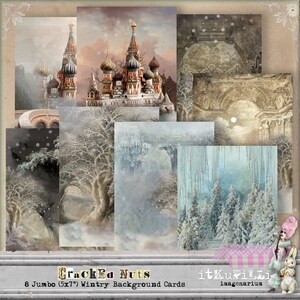 May include: Set of eight winter-themed digital background cards. The cards feature a variety of snowy scenes, including a church, a forest, and a frozen waterfall. The cards are perfect for creating winter-themed crafts, scrapbooking, and digital art.