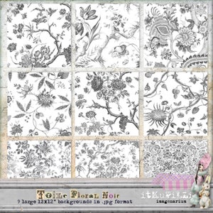 Papiers Toile Floral Noir - Noir et blanc - 9 grands arrière-plans - Scrapbooking, journalisation artistique - Imprimable, téléchargement immédiat