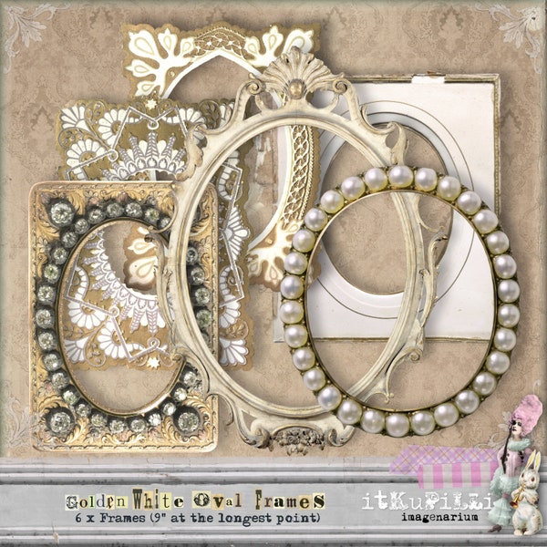 Golden White Oval Frames - Individual files - Digital Collage Art, Journaling and Scrapbooking Kit  - Printable, Instant download