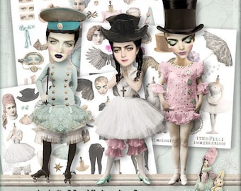 Paper Dolls Whimsical Women - Bundle 3 x Digital Collage Sheet - jpg et png - Imprimable, téléchargement instantané