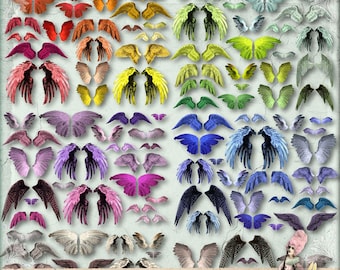 May include: A digital collage sheet featuring 50 images of colourful angel wings. The wings are in various shades of red, orange, yellow, green, blue, purple, and grey. The sheet is labelled "Wings 5 x digital collage sheet jpg/png" and "ftKuPiLLi imagenarium".