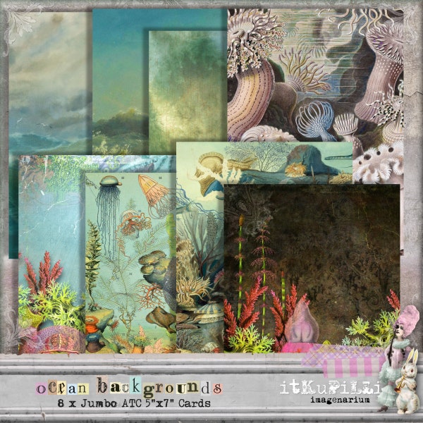 Ocean Backgrounds Jumbo ATC 5" x 7" Backgrounds - Underwater, Sea, Water  - Digital Collage Sheet - Printable, instant download