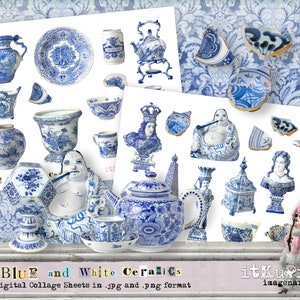 Könnte beinhalten: Zwei digitale Collage-Blätter mit blauen und weißen Keramikdesigns. Die Blätter enthalten verschiedene Gegenstände wie Teekannen, Vasen, Schalen, Teller, Figuren und zerbrochene Keramikstücke.