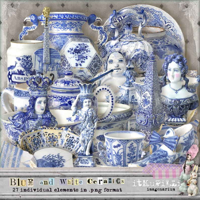 Blue And White Ceramics   27 individual  png files   vintage image 1