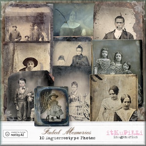 Puede incluir: Una colección de diez fotografías antiguas de daguerrotipo, que presentan retratos de individuos y grupos. Las imágenes son en tonos sepia, con signos visibles de edad y desgaste. El texto "Faded Memories" y "10 Daguerreotype Photos" son visibles.