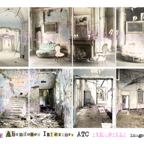 Shabby Abandoned Interiors - ATC backgrounds - Digital Collage Sheet - jpg and png - Printable, instant download