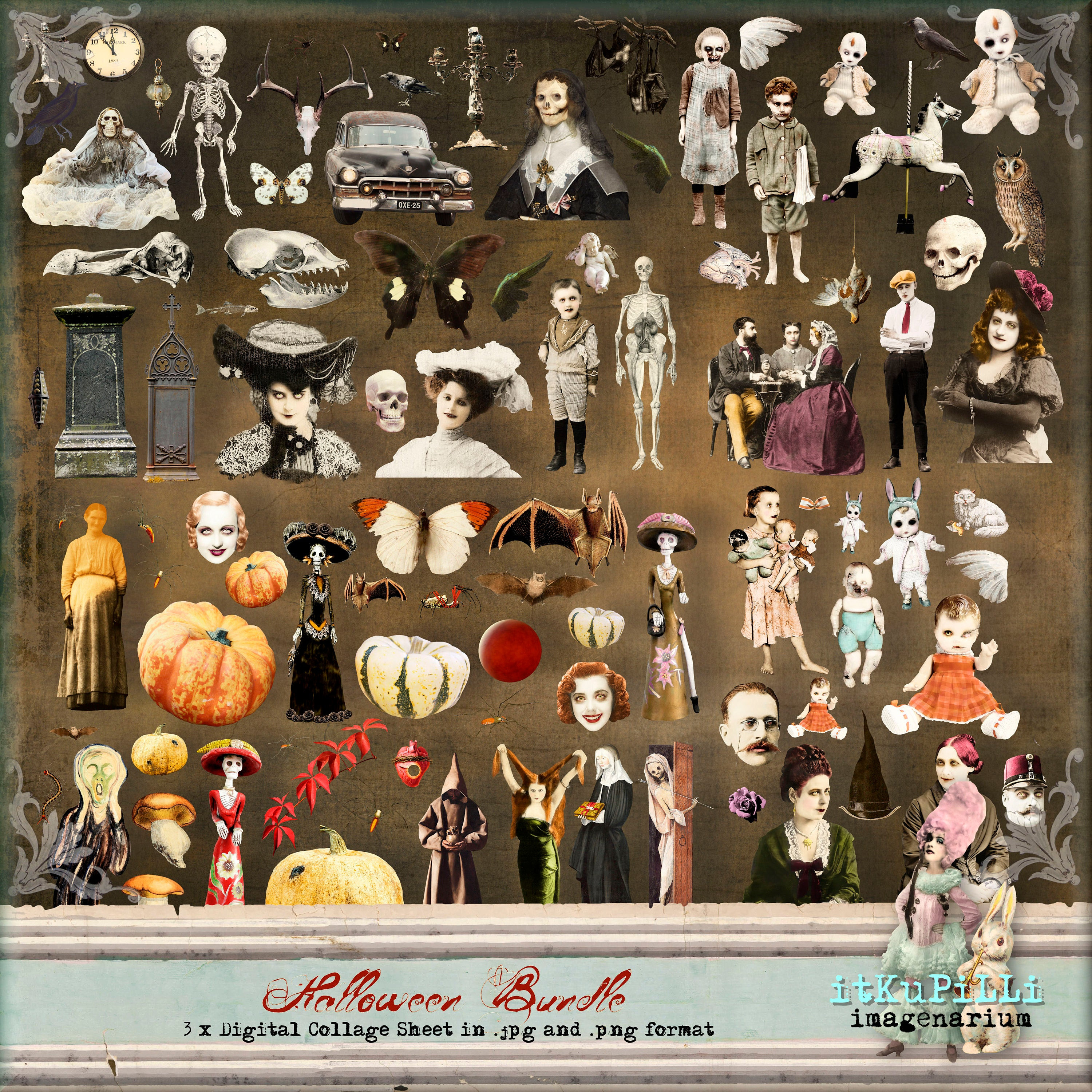 Halloween Bundle  - 3 x Digital Collage Sheet - jpg and png - Printable, instant download