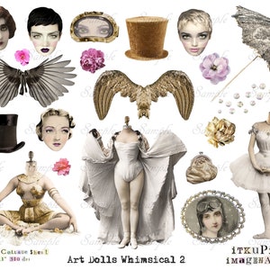 May include: A digital collage sheet with whimsical art doll images. The sheet includes images of dolls with different hairstyles, clothing, and accessories, such as a top hat, wings, and a purse. The sheet also includes images of flowers, a parasol, and a pair of glasses.