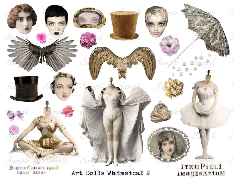 May include: A digital collage sheet with whimsical art doll images. The sheet includes images of dolls with different hairstyles, clothing, and accessories, such as a top hat, wings, and a purse. The sheet also includes images of flowers, a parasol, and a pair of glasses.