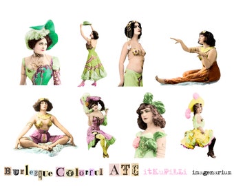 Burlesque Colorful - ATC sized vintage  Characters  - Digital Collage Sheet - jpg and png - Printable, instant download