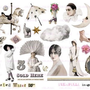 May include: A digital collage featuring vintage illustrations of a carousel horse, a clown, a woman with a fan, a butterfly, a moon, a cloud, and other whimsical elements. The collage includes the text "Sold Here" and "Assorted White".