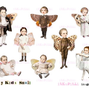 Könnte beinhalten: Digitale Collage von Kindern mit Schmetterlingsflügeln. Die Kinder tragen verschiedene Outfits, darunter eine braune Jacke, ein weißes Kleid und ein blaues Kleid. Die Schmetterlinge sind bunt und haben komplizierte Muster. Das Bild ist mit "Fairy Kids Small" betitelt.