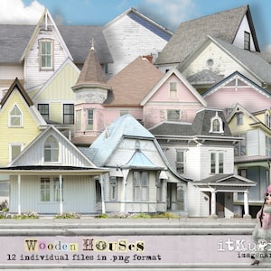 Casas de madera - 12 imágenes individuales grandes - Scrapbooking, Art Journaling - Imprimible, descarga instantánea