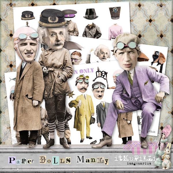 Paper Dolls Manly - Bundle 3 x Digital Collage Sheet - jpg and png - Printable, instant download