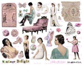 May include: Vintage collage featuring a pink chaise lounge, butterflies, flowers, and women in various poses. The text "3. L'ECUR FEMIN E PARTENS" is visible on a pink and white poster.