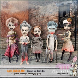 Puede incluir: Cinco muñecas zombie con heridas pintadas y detalles sangrientos están de pie en un callejón de ladrillos. Llevan diferentes atuendos, incluyendo un vestido, un mono y un abrigo. Cada muñeca sostiene muletas y tiene una expresión angustiada y espeluznante.