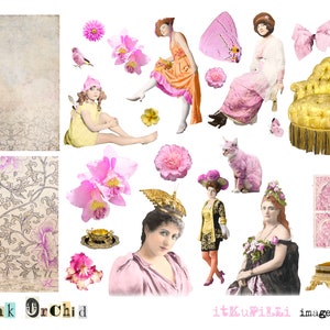 Pink Orchid - ATC sized vintage images - Digital Collage Sheet - jpg and png - Printable, instant download