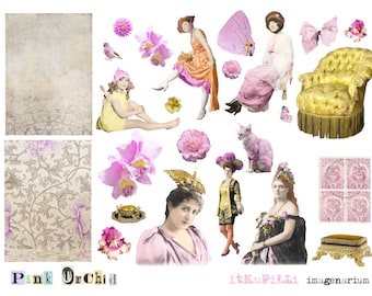 Pink Orchid - ATC sized vintage images - Digital Collage Sheet - jpg and png - Printable, instant download